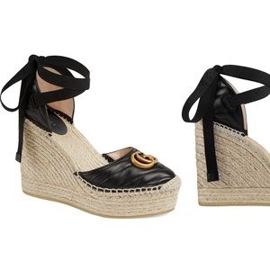 Gucci Black and Tan Wedge Espadrilles